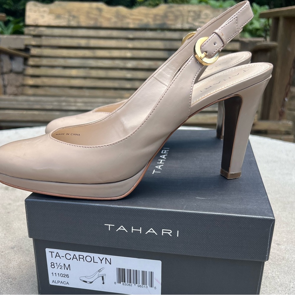 Tahari Size 8.5 Nude Adjustable Strap SlingBack Heels,  1” Platform Heel 4”